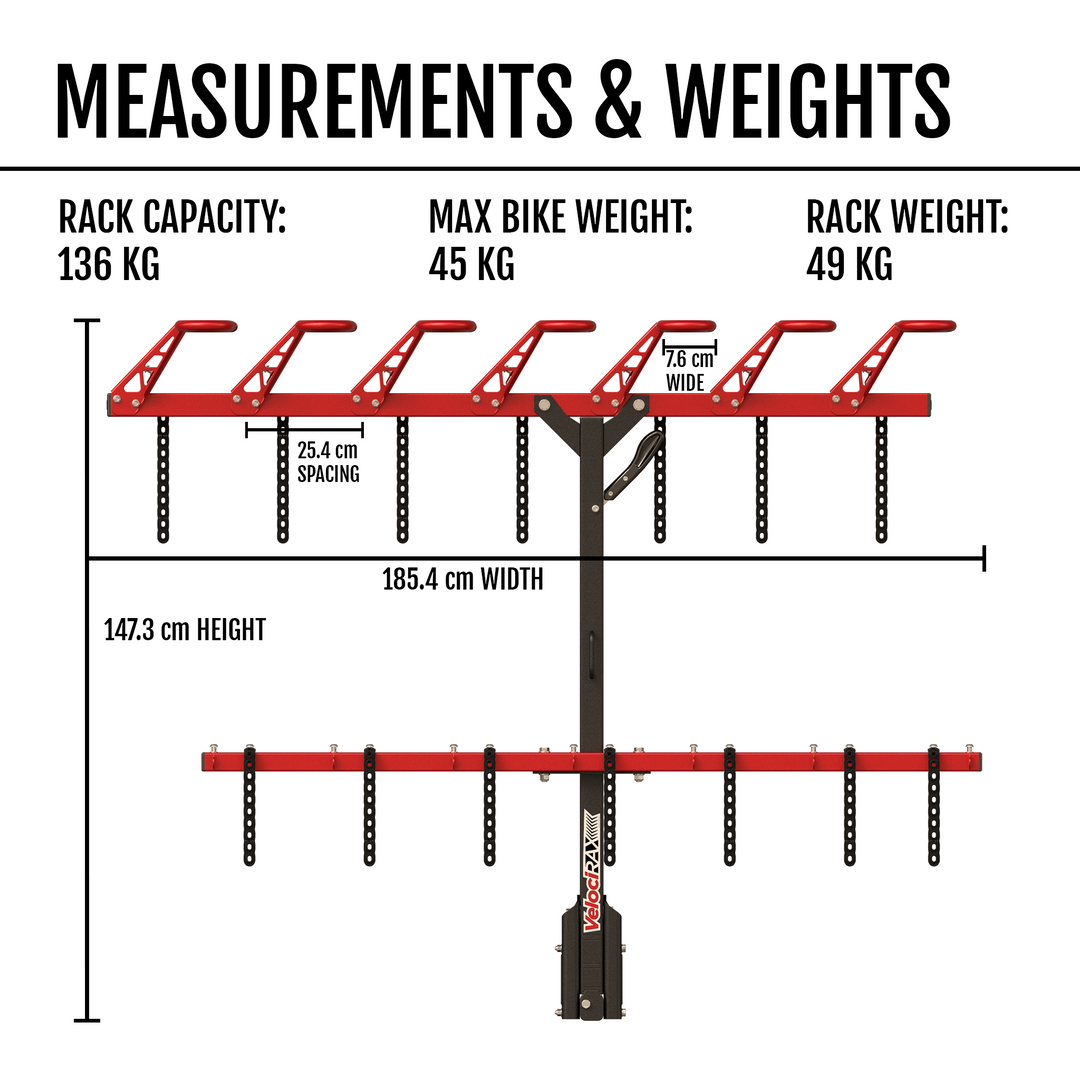 Measurement chart of a 7 MAX bike rack with capacities and dimensions.