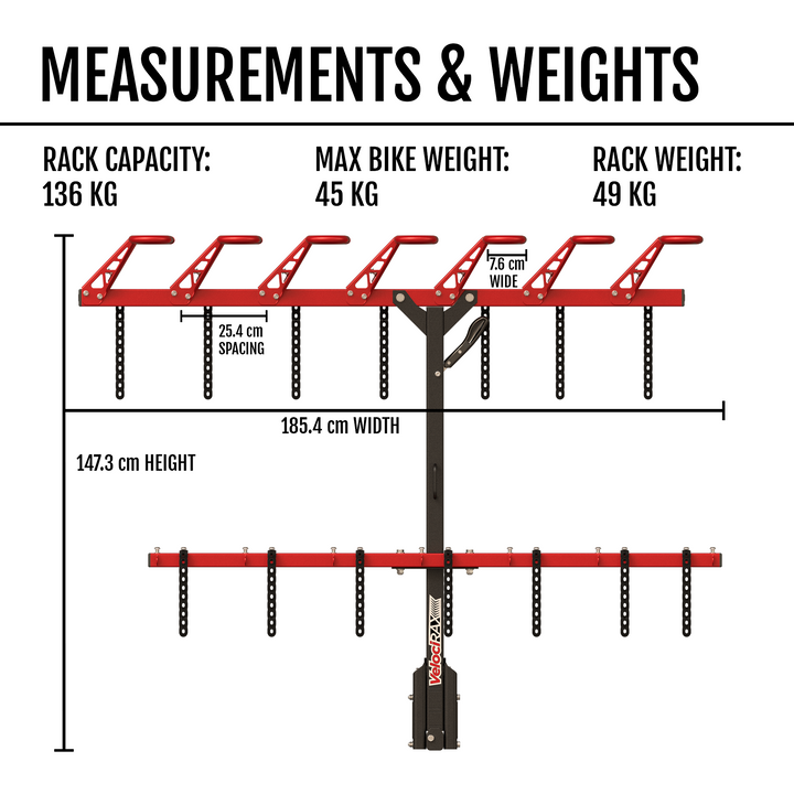 Measurement chart of a 7 MAX bike rack with capacities and dimensions.